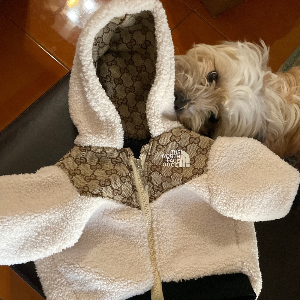 Gucci x The North Face Cream Sherpa Dog Hoodie with Beige Monogram Accents